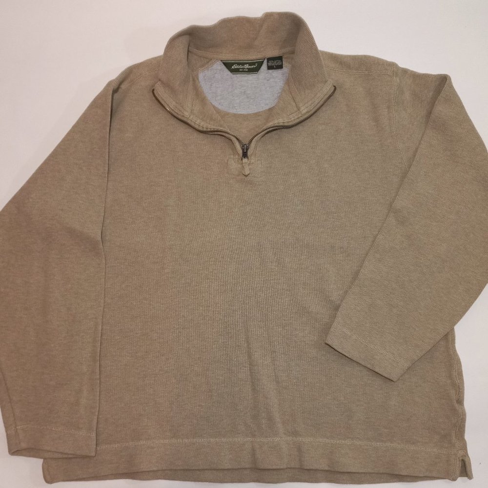 Eddie Bauer Cotton 1/4 Zip Mock Neck Beige Sweater Pullover Men's Size L